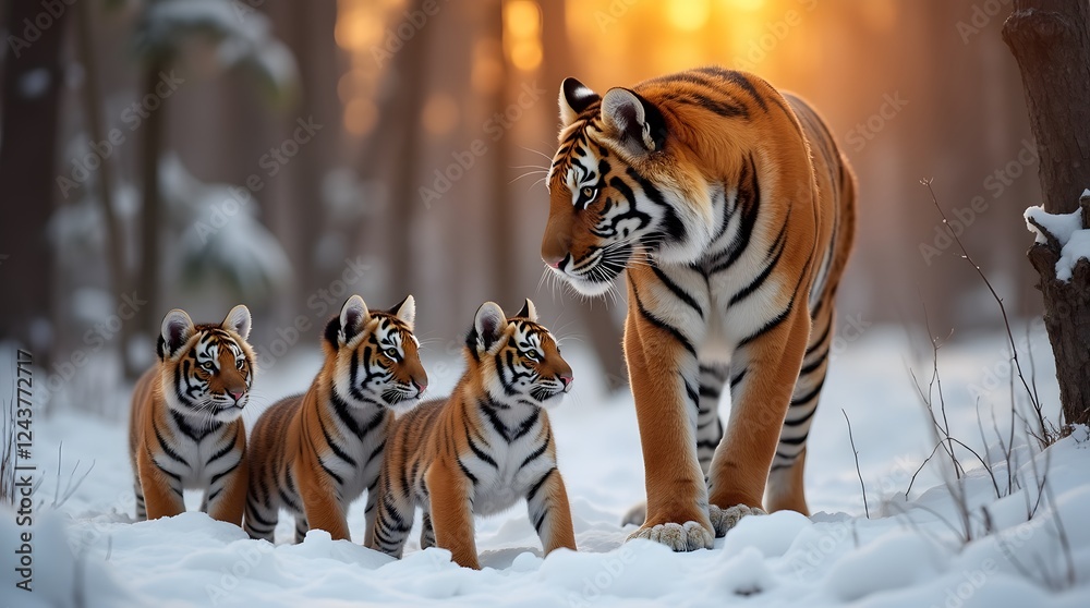 Obraz premium Tiger and three tigers nearby. A family of tigers in the forest in the wild. Family cat family with tiger children and tiger.