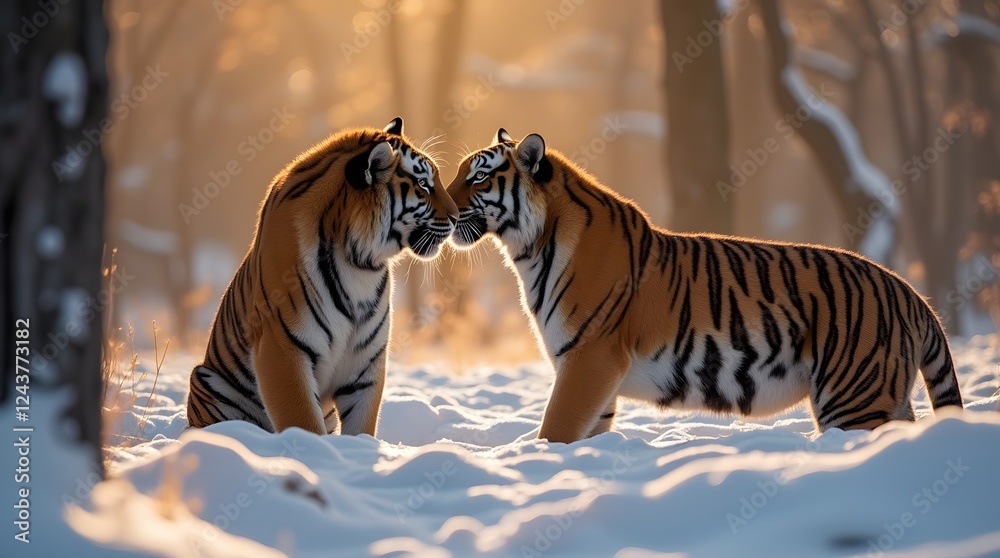 Fototapeta premium Two tigers play in the snow. A snowy winter forest, in which two tigers kiss.