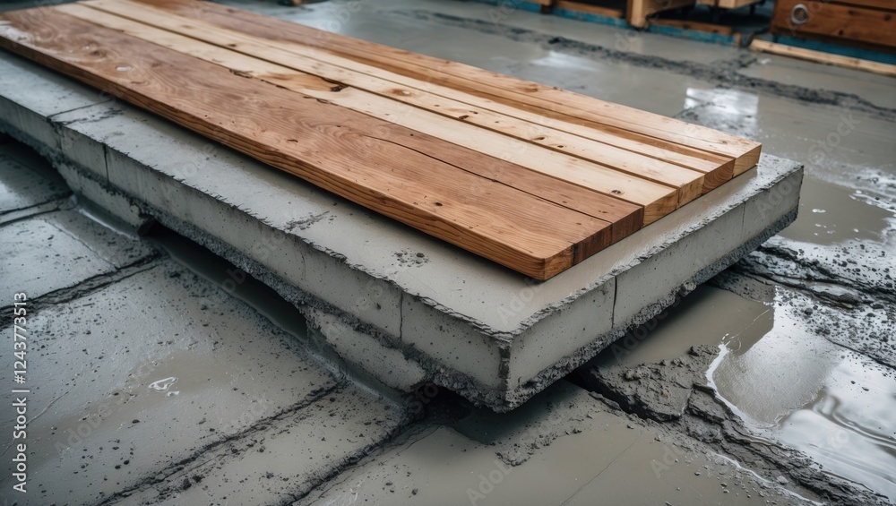 Wet textured concrete slab with a wooden board resting on top in a construction workspace setting. Ideal for architectural or building projects. Wet textured concrete slab with a wooden board resting on top in a construction workspace setting. Ideal for architectural or building projects.