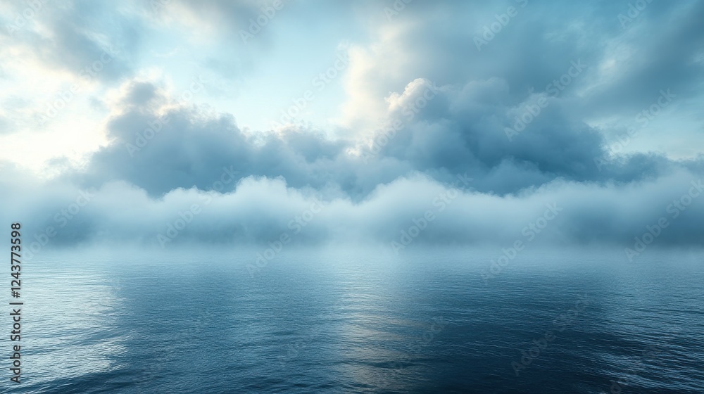 misty morning mist blankets the calm ocean under a cloudy sky background misty morning mist blankets the calm ocean under a cloudy sky background