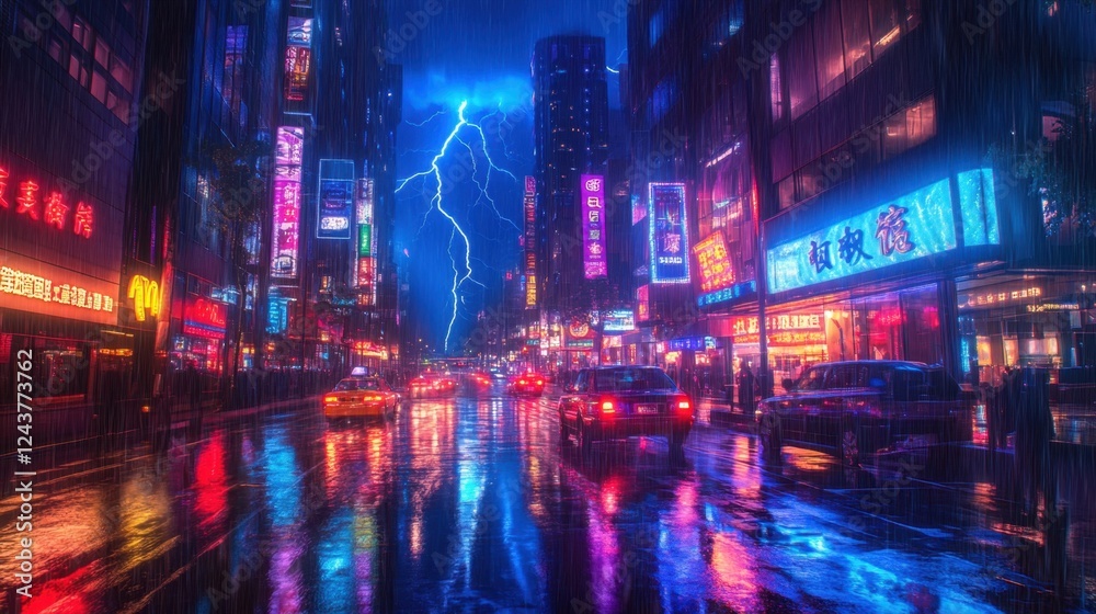 A panoramic view of a modern city under a massive thunderstorm, electric blue lightning illuminating the skyline, rain-soaked streets reflecting neon lights, extreme weather conditions