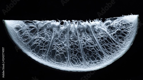 Close up of a translucent citrus slice, revealing intricate internal structure against a black background. The image highlights the texture and details of the fruit.