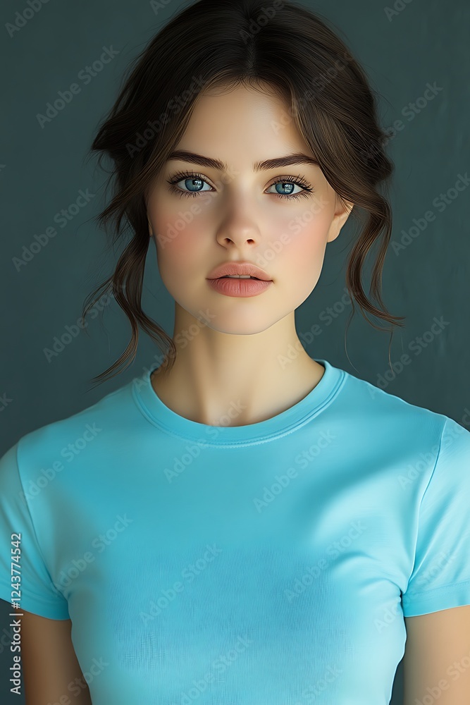 Portrait of a young woman with blue eyes and light skin, wearing a light blue t-shirt. Portrait of a young woman with blue eyes and light skin, wearing a light blue t-shirt.
