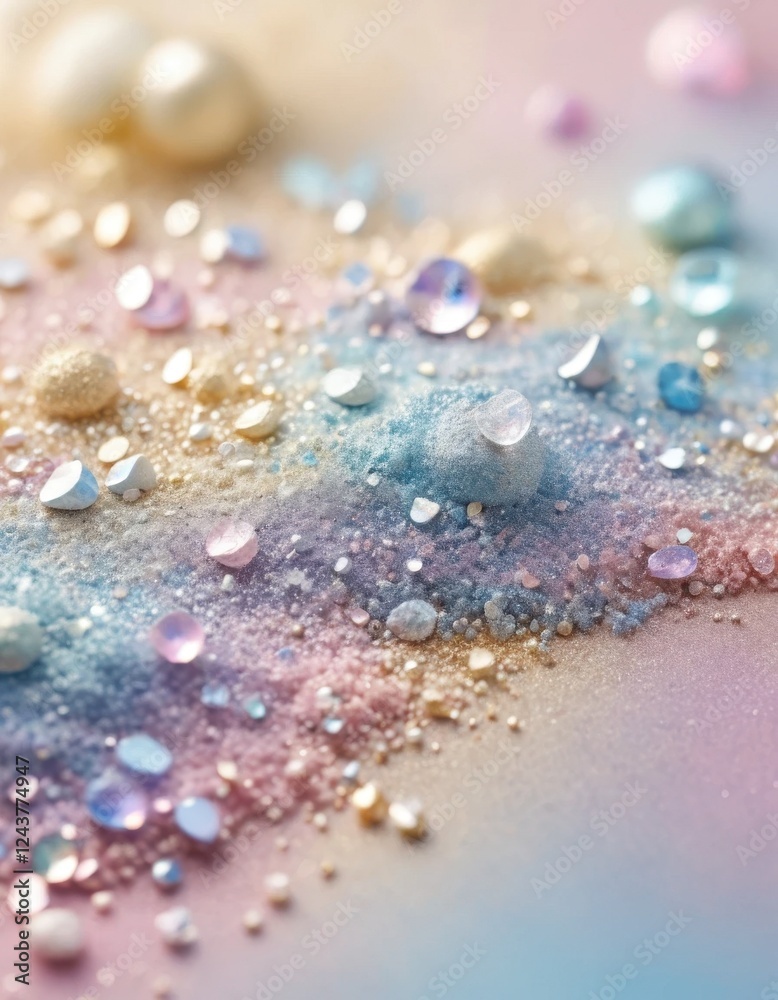 Close-up of pastel-colored granular material in pink, blue, and gold hues, scattered with iridescent beads, sequins, and small metallic pieces Close-up of pastel-colored granular material in pink, blue, and gold hues, scattered with iridescent beads, sequins, and small metallic pieces