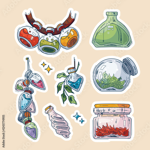 A set of painted bottle stickers for the witch and the healer.