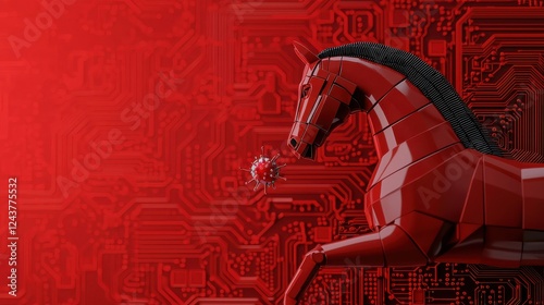 Red Trojan Horse on Red Circuit Background Representing Cybersecurity Threat