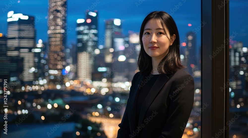 Businesswoman Standing by Window with City Skyline in Background