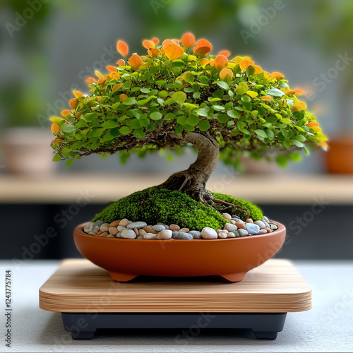 A bonsai tree, meticulously...