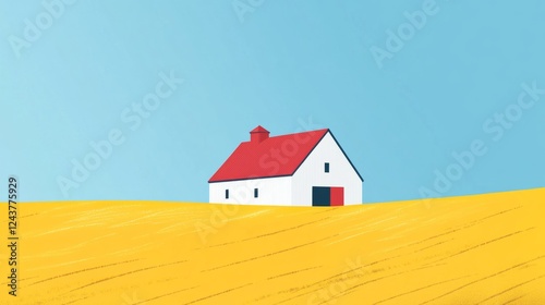 A bold vector design of a Minnesota barn with a red roof, yellow fields, and blue sky. Minimalist Farmhouse in a Wheat Field