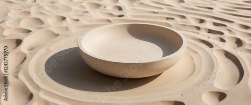 A shallow, round, beige bowl sits on a textured sand surface. The sand has wavy patterns, and the bowl casts a shadow