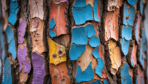 Vibrant multicolored bark texture on a tree showcasing unique patterns and colors ideal for design and nature-themed projects.