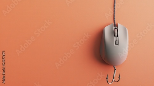 Computer Mouse Hanging from a Fishing Hook on an Orange Background