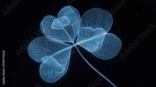 Glowing blue cloverleaf on black background. Digital art with a translucent, ethereal effect.  Intricate details.