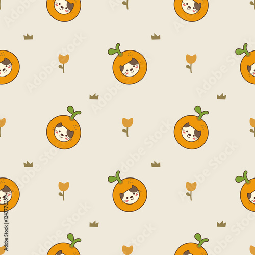 Face cat in orange cartoon so cute. On flower grass background. Pattern seamless vector illustration. 