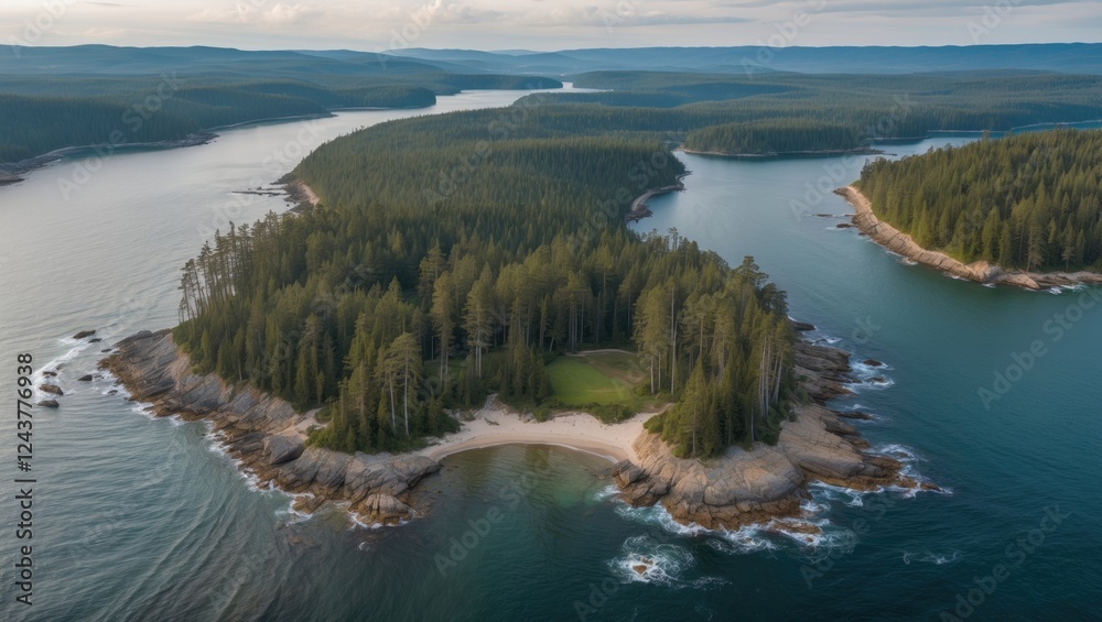 Naklejka premium Scenic Aerial View of Timber Cove Surrounded by Lush Forests and Calm Waters in Coastal Landscape