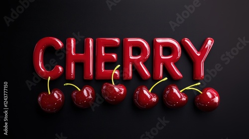 Glossy Red Cherry Text with Fresh Cherries on Dark Background