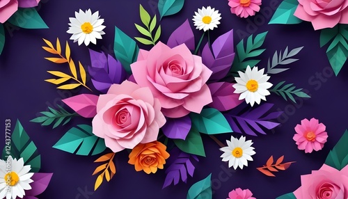 Un vibrante ramo de flores coloridas que incluye grandes rosas rosadas, margaritas blancas y varias hojas y follaje sobre un fondo morado oscuro