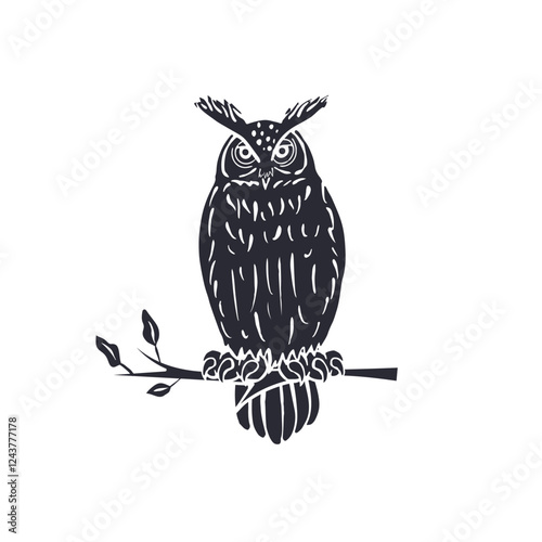 Hand drawn black silhouette eagle-owl sitting on tree branch isolated on white background. Monochrome nocturnal bird vector illustration.
