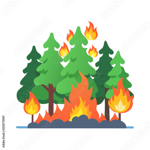 Wildfire in forest with flames and smoke rising