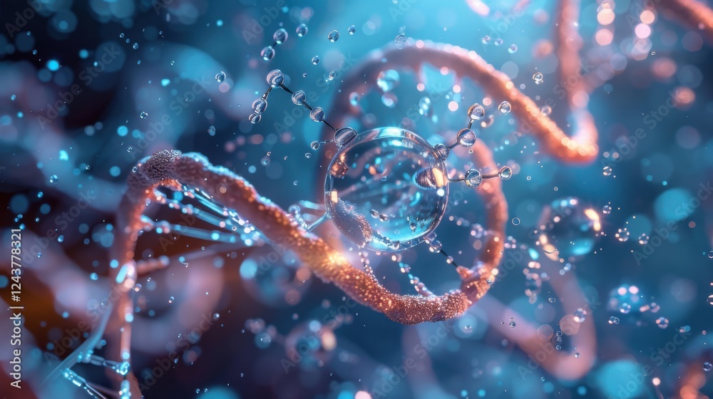 High-detail 3D rendering of a liquid bubble containing a molecule, in a cosmetic essence, with a DNA water splash background. Captivating and clear High-detail 3D rendering of a liquid bubble containing a molecule, in a cosmetic essence, with a DNA water splash background. Captivating and clear