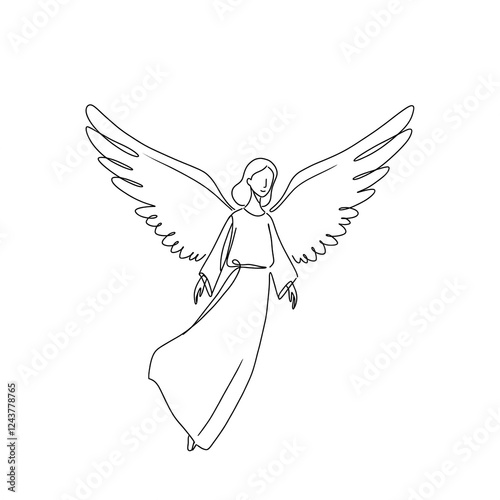 A black line drawing of an angel in black and white illustration.