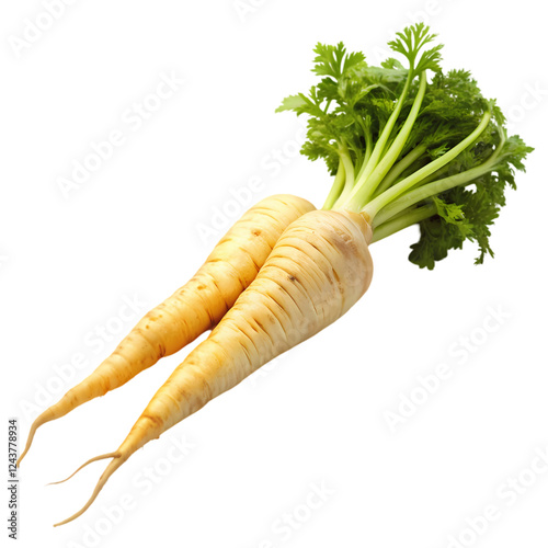 Fresh organic parsnips with green tops isolated on eat root food diet farm on transparent background