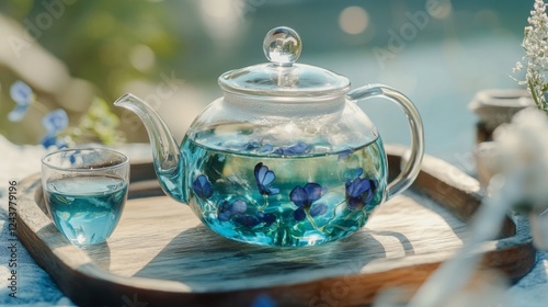 Butterfly Pea Blue Tea with flowers and milk. A glass of a cold summer drink. Caffeine free drink. Healthy food concept photo