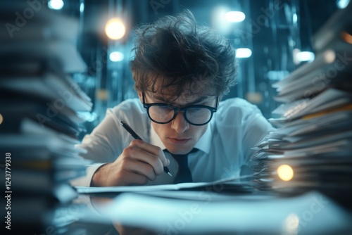 An auditor inspecting taxpayer records in a darkened government office, tax files stacked high
