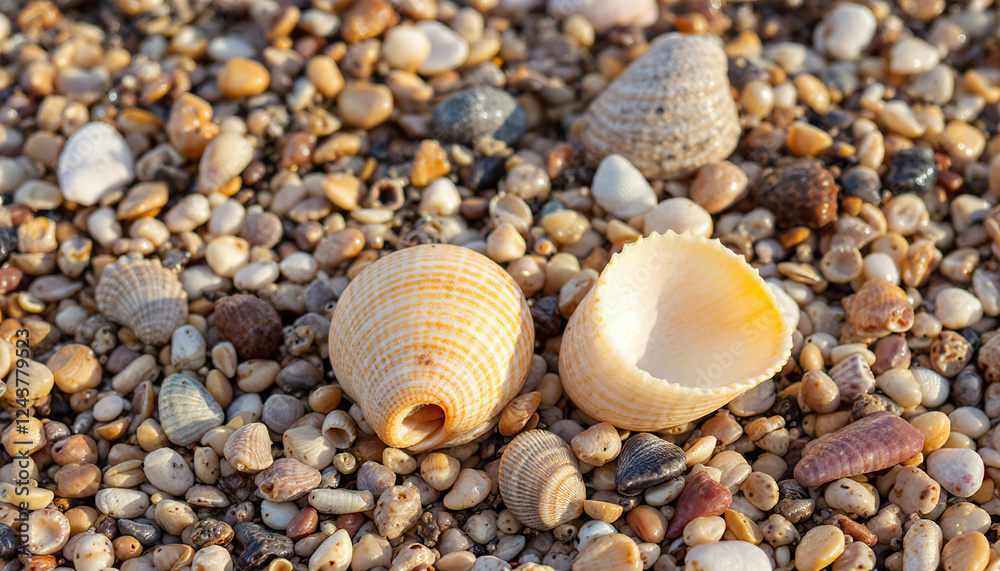 Seashells on Beach Pebbles Summer Ocean Scene Seashells on Beach Pebbles Summer Ocean Scene