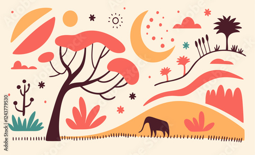 Desert Landscape Vector Art: Elephant, Tree, Sunset.