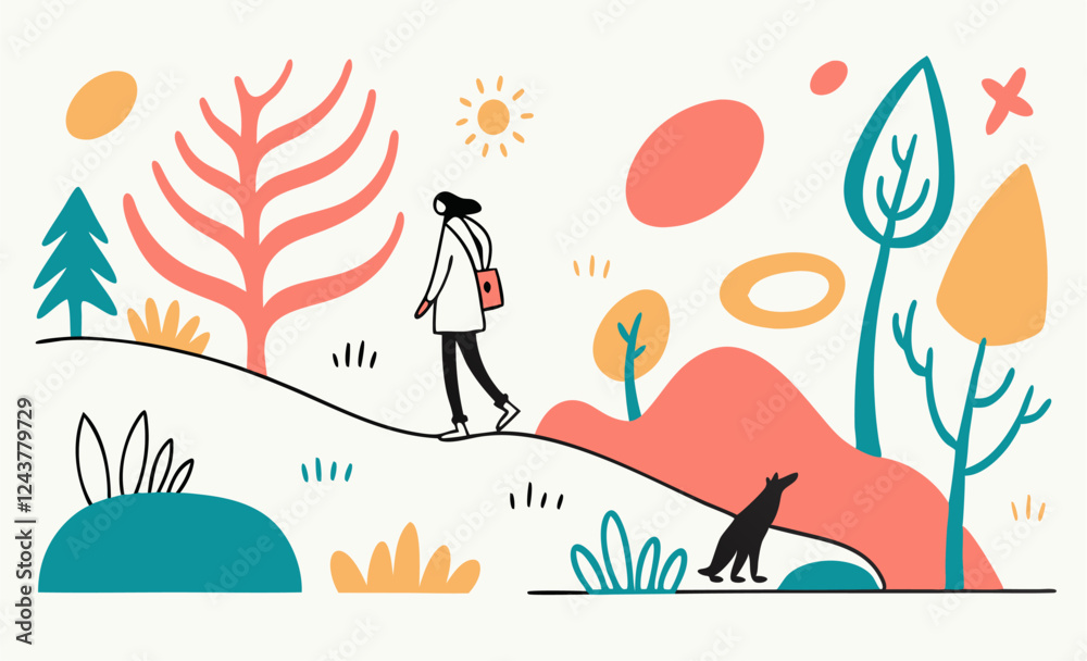 Woman Walking Dog, Autumn Landscape, Vector Illustration, Flat Style. Woman Walking Dog, Autumn Landscape, Vector Illustration, Flat Style.