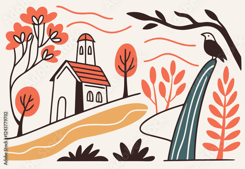 Autumn Church Vector Illustration: Rustic Village Scene, Birds.