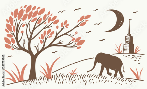 Elephant & Tree Twilight Vector Art: Serene Coral, Brown.