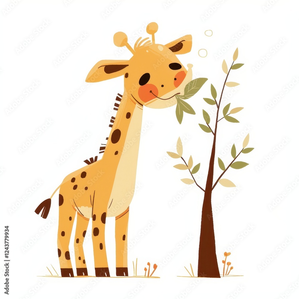Fototapeta premium Adorable Baby Giraffe Eating Leaves from a Tree in a Meadow Illustration