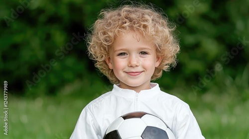 Happy toddler holding soccer ball, park, green background, childhood sports photo