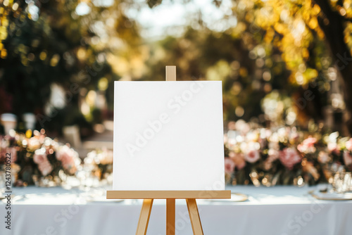 Blank canvas mock up welcome signboard on an easel in front of wedding dinner tables photo