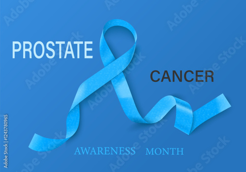 Prostate Cancer Banner, Card, Placard with Vector 3d Realistic Blue Ribbon on Blue Background. Prostate Cancer Awareness Month Symbol Close up, September. World Prostate Cancer Day Concept