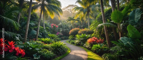 Lush tropical garden pathway surrounded by vibrant flora and palm trees creating a serene and inviting atmosphere for leisure walks.