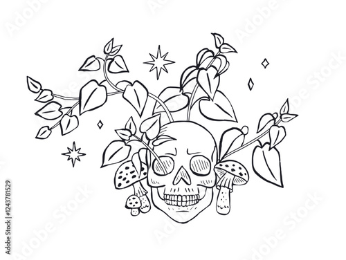 Hand drawn sketchy human skull surrounded by nettle leaves and muchrooms isolated on white background. Doodle skeleton head tattoo design