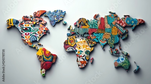 Colorful patterned world map on wall, global travel photo