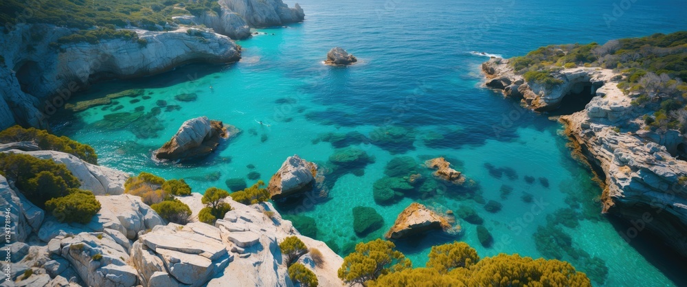 Fototapeta premium Aerial View of Stunning Rocky Seascape with Turquoise Waters and Lush Greenery Ideal for Travel and Nature Promotion
