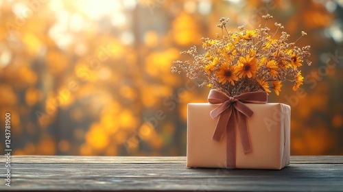 Autumn gift flowers bokeh wood background