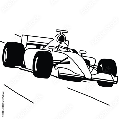 Minimalist line-art illustration of a high-speed Formula 1 race car, 