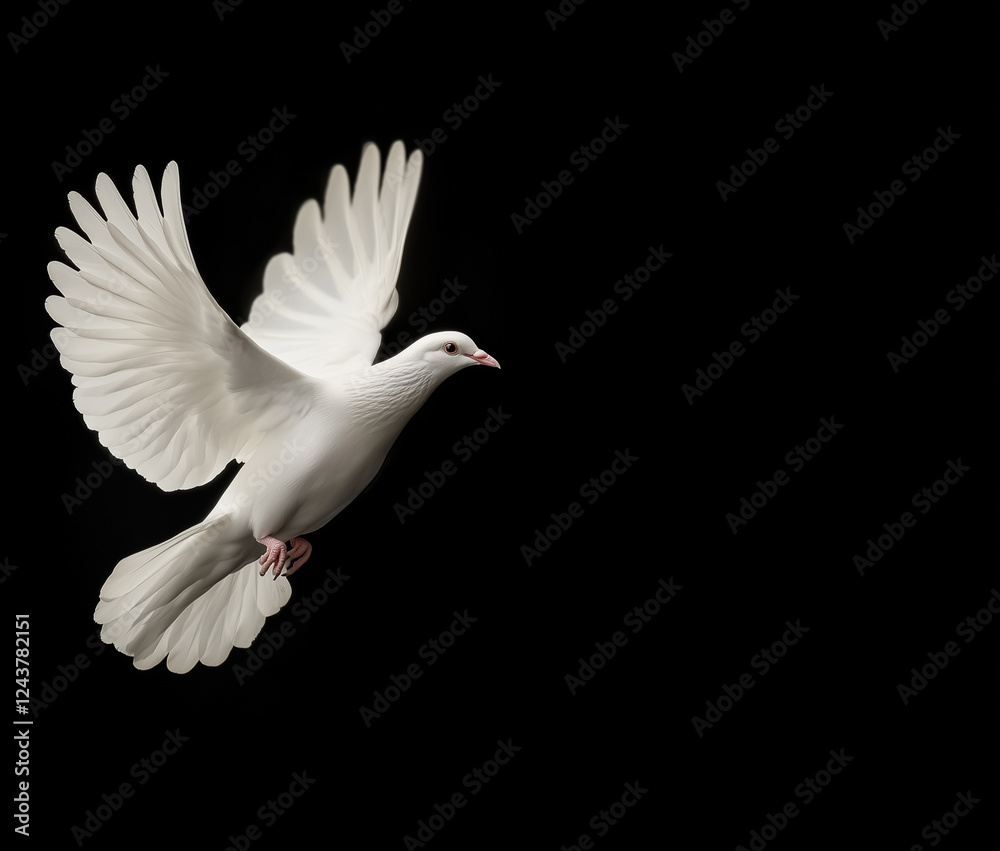 White Dove in Flight Against a Black Background Symbolizing Peace and Freedom White Dove in Flight Against a Black Background Symbolizing Peace and Freedom
