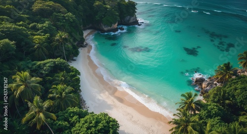 Aerial View of a Stunning Tropical Beach with Clear Blue Waters Surrounded by Lush Green Palm Trees and Scenic Coastline. photo