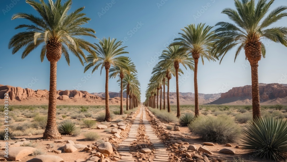 Desert path lined with tall palm trees and rocky terrain under a clear blue sky with ample space for text or branding elements. Desert path lined with tall palm trees and rocky terrain under a clear blue sky with ample space for text or branding elements.