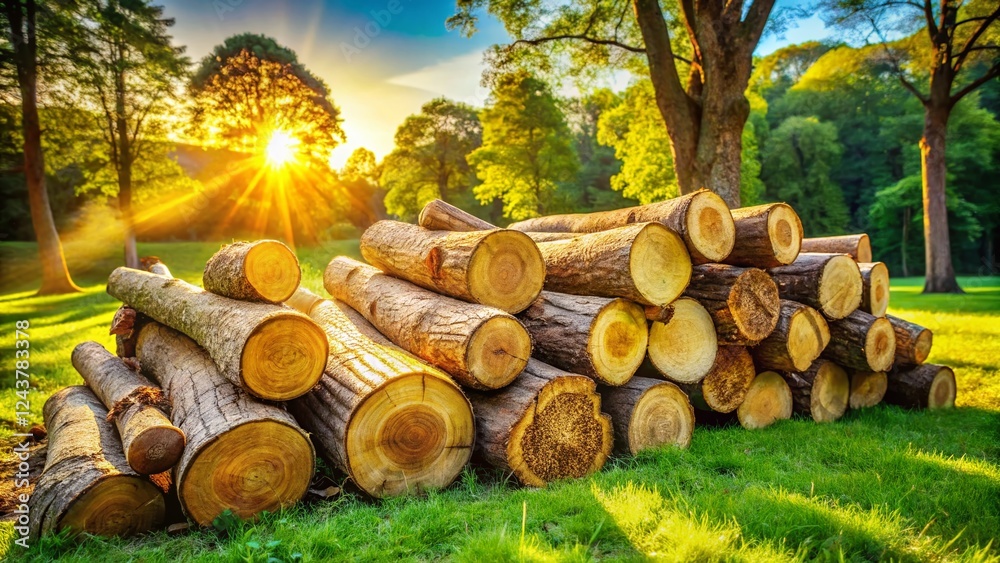 Stack of Oak Logs in Grassy Field - Rustic Nature Stock Photo Stack of Oak Logs in Grassy Field - Rustic Nature Stock Photo