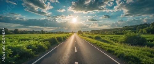 Scenic rural road stretching through lush greenery under a bright sunlit sky with clouds on a warm summer day photo