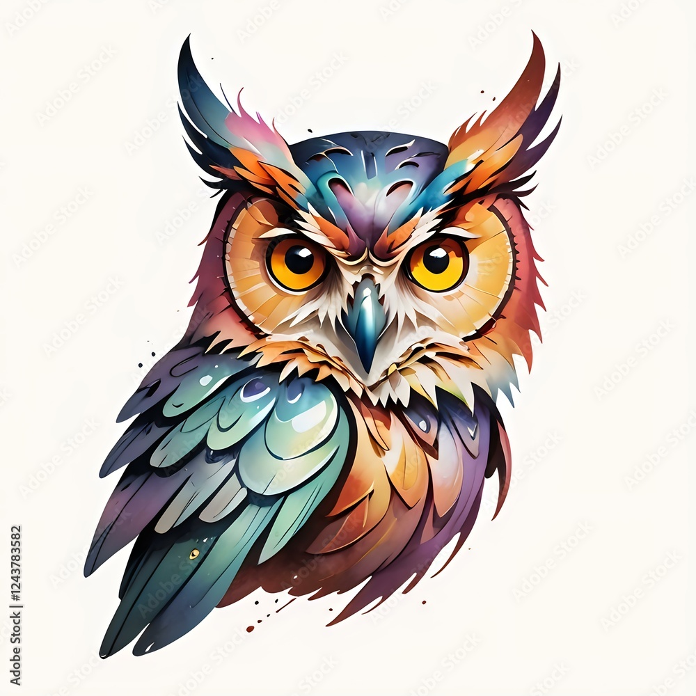 Fototapeta premium Colorful artistic owl illustration with vibrant gradient plumage in watercolor style, perfect for tattoo design, logo, or modern wall art decoration. Isolated on white background.