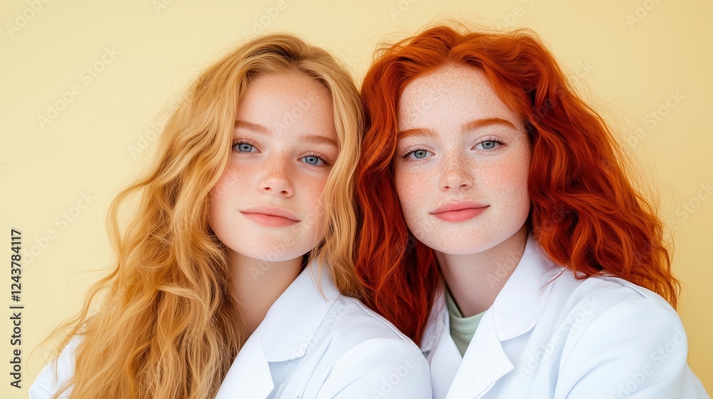 Sisters in lab coats against yellow background Sisters in lab coats against yellow background